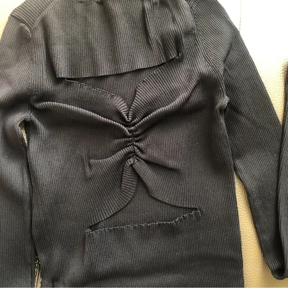 French-Imported Ribbed Stretch Sweater | Dramatic Open Back & Rushed Detail - Picture 4 of 5